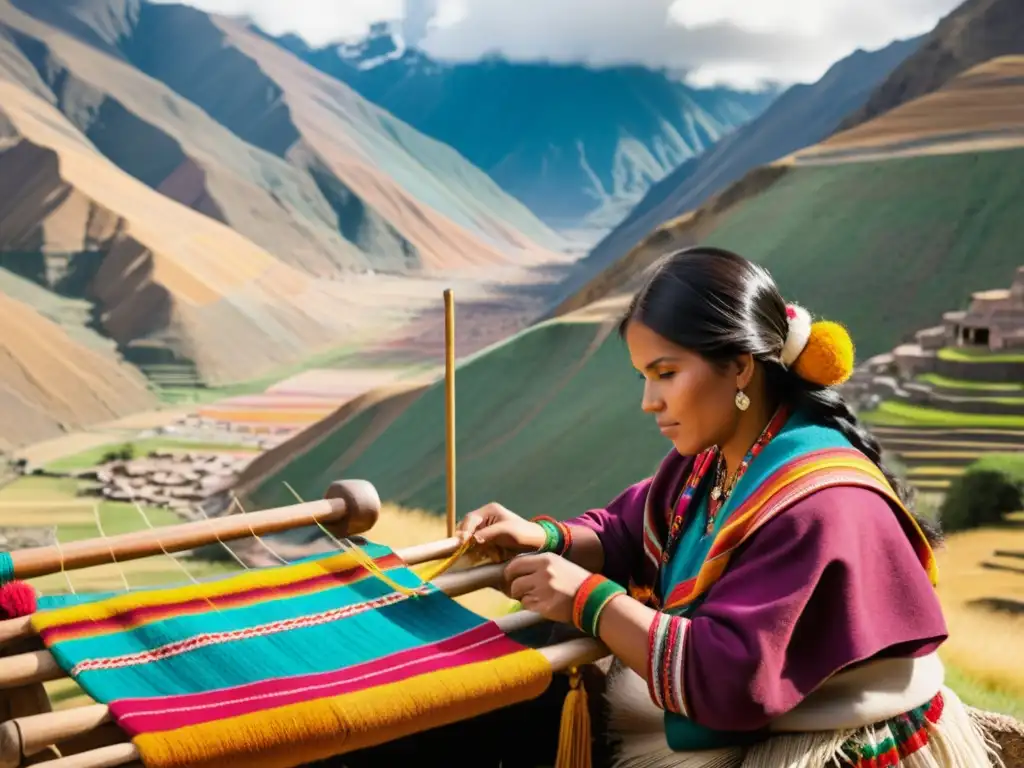 Tejedoras peruanas crean patrones textiles culturales en telares tradicionales, enmarcadas por el impresionante paisaje andino