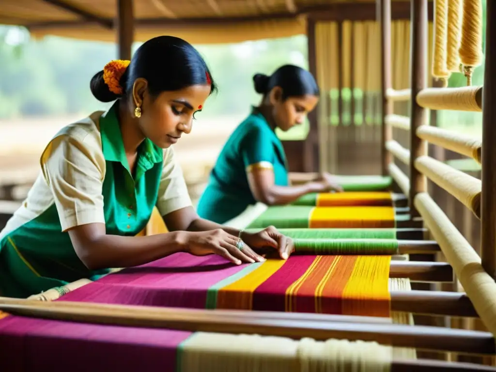 Tejedores de seda Bhagalpuri en Bihar, India, trabajando en telares tradicionales, rodeados de vibrantes hilos de seda y patrones intrincados