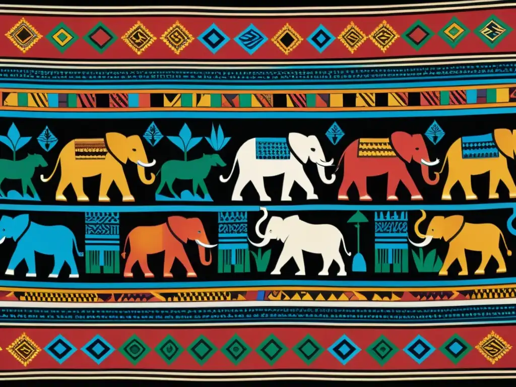 Tejido africano con animales y símbolos tradicionales, desbordante de color y significado cultural