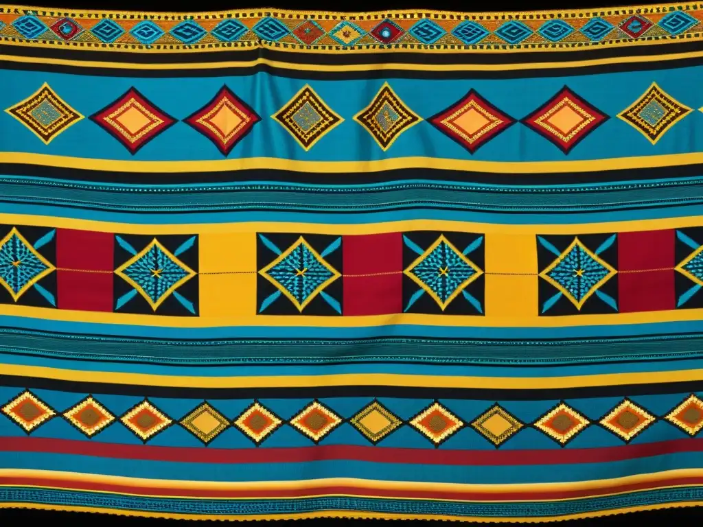 Tejido africano con influencias culturales, colores vibrantes, patrones geométricos y bordados detallados, reflejando la rica herencia artesanal