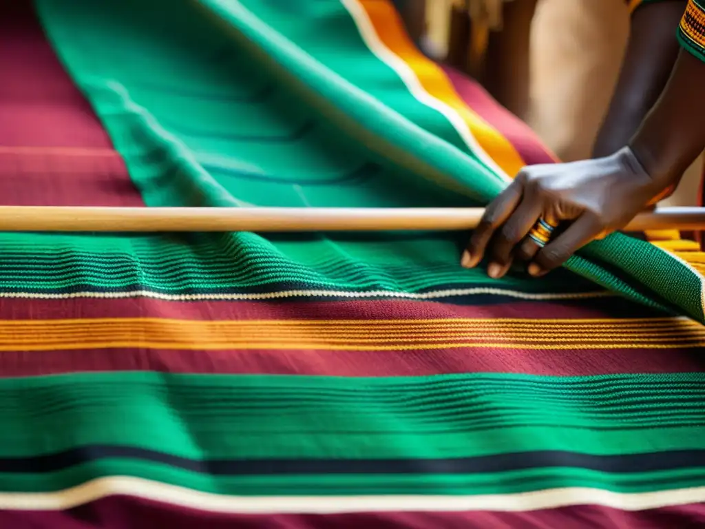 Tejido africano en telar de madera, con patrones intrincados y colores vibrantes