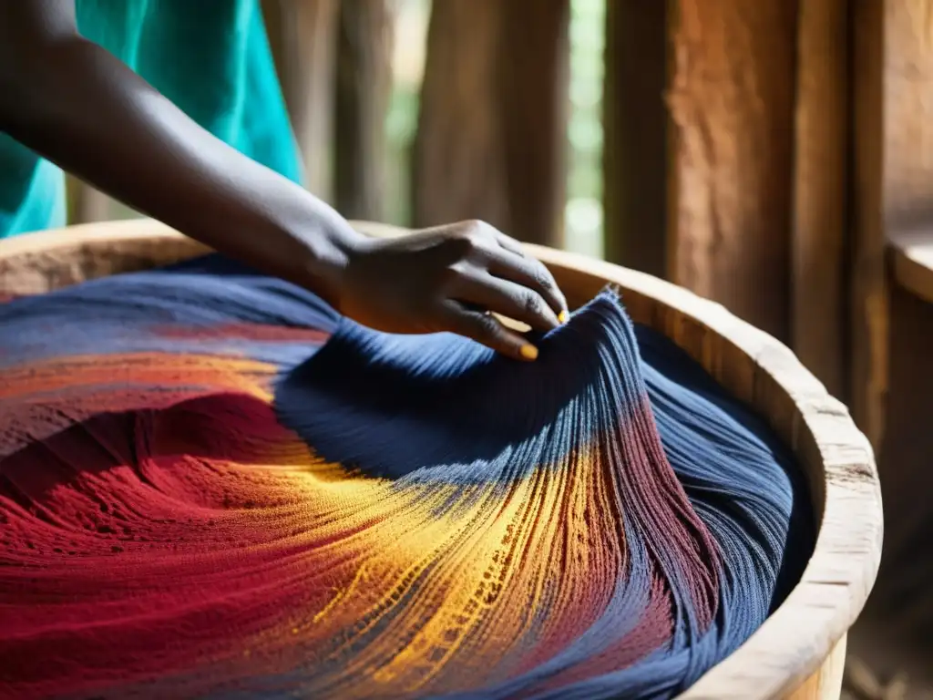 Tejido africano sumergido en pigmentos naturales rojos, con artesanos trabajando en un taller rústico al fondo