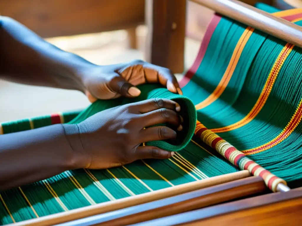 Un tejido africano tribal de colores vibrantes en un telar de madera, reflejando la rica herencia cultural y la habilidad artística