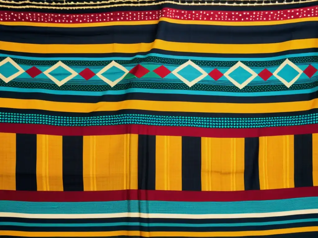 Tejido africano vintage con colores vibrantes y patrones geométricos, evocando el significado de los textiles africanos