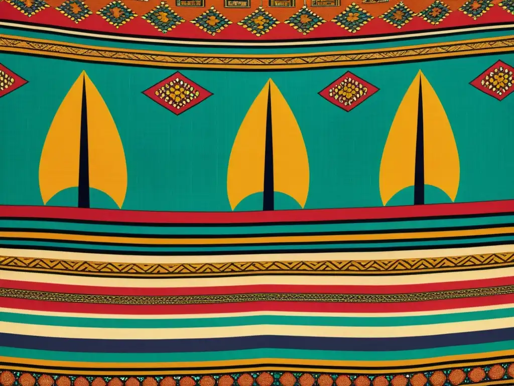 Un tejido africano vintage de colores vibrantes y patrones intrincados que reflejan influencias culturales en tejidos africanos