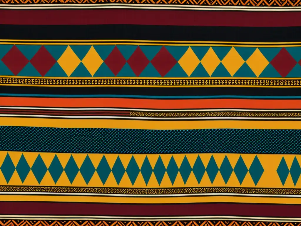 Tejido africano vintage con patrones geométricos y colores tierra vibrantes, evocando artesanía atemporal y usos contemporáneos en moda