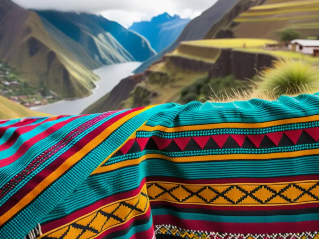 Tejido andino: Artesanía ancestral en vibrante detalle Un tejido andino con patrones vibrantes y técnicas ancestrales, fusionando lo nativo con lo moderno