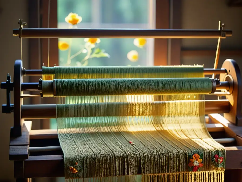 Tejido artesanal con patrones botánicos en atelier iluminado por el sol