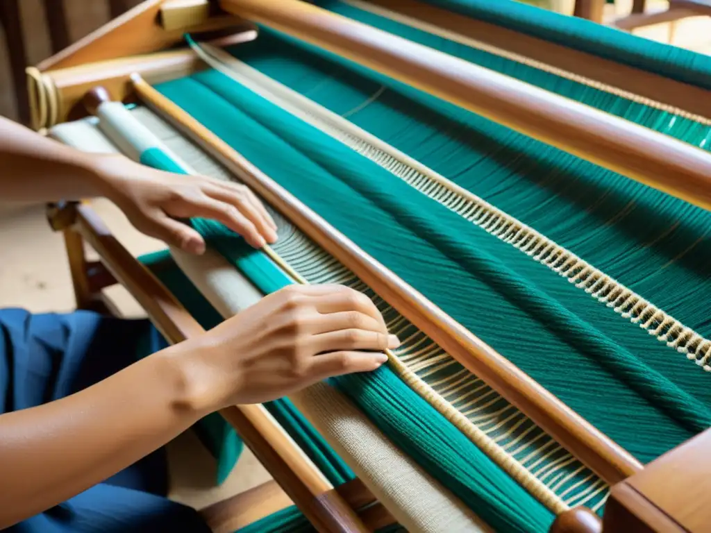 Un tejido artesanal con patrón geométrico se entrelaza en un telar de madera, resaltando la rica herencia cultural y la meticulosa artesanía