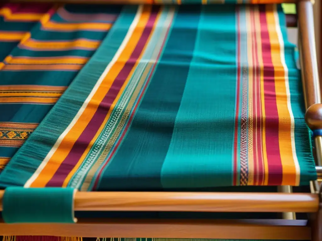 Tejido como diálogo intercultural: Detalle de un textil vibrante y elaborado, exhibiendo patrones y colores tradicionales de diferentes culturas