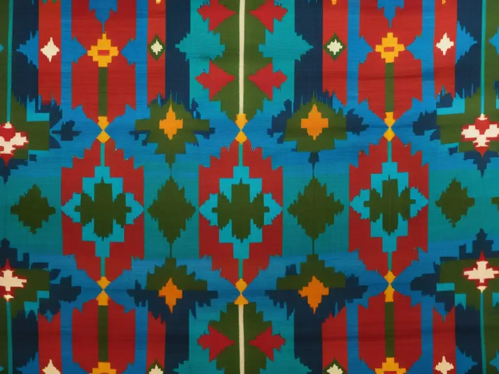 Un tejido de Patola Doble Ikat con diseño artístico en tonos ricos, exhibiendo precisión artesanal y herencia cultural