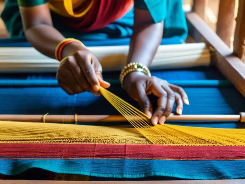 Un tejido de Ikat en Orissa con patrones vibrantes y artesanía tradicional