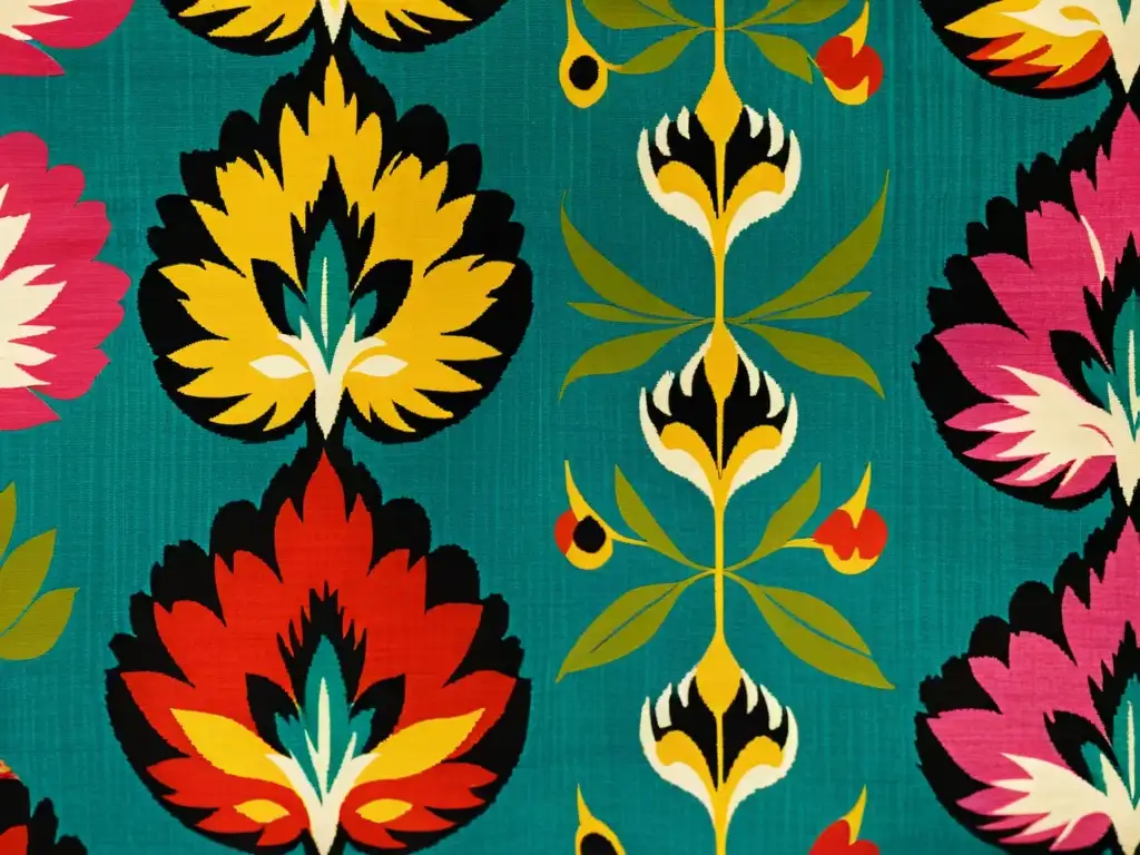 Un tejido ikat vintage de la India muestra patrones intrincados y colores vibrantes