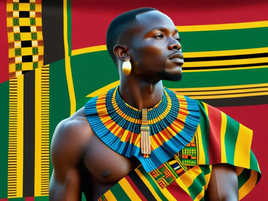 Un tejido Kente, símbolo de poder y estatus en la sociedad africana, exhibe sus intrincados patrones y vibrantes colores en una figura regia