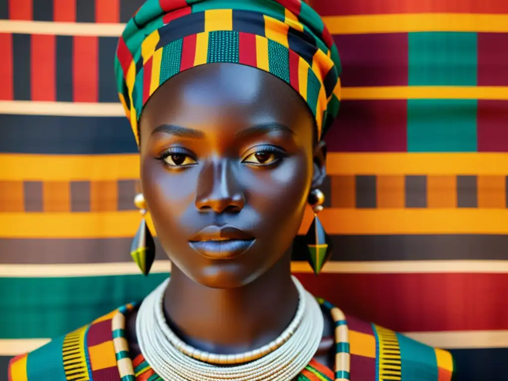 Un tejido Kente vibrante y detallado en un maniquí de madera, resalta la artesanía y significado cultural de los textiles africanos