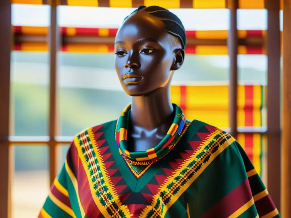 Un tejido Kente vibrante y detallado, con patrones ricos y colores intensos, en un maniquí de madera con luz dorada