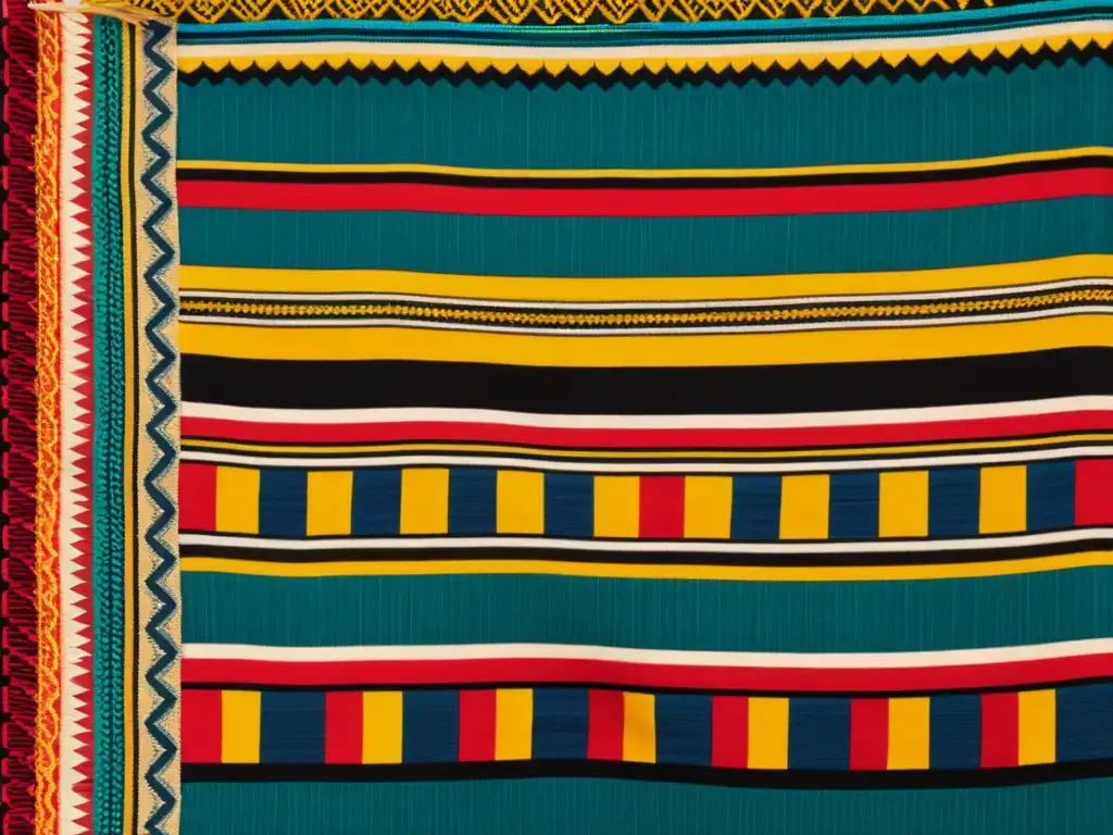 Tejido Latinoamericano con impacto de globalización, fusionando tradición y modernidad en una vibrante y colorida obra de arte textil