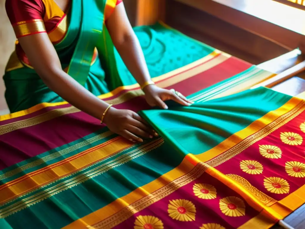 Tejido a mano de Seda Assam moda india en telar de madera, resplandeciendo con colores vibrantes y patrones intrincados bajo la cálida luz del sol