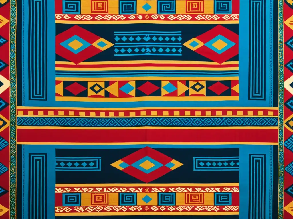 Un tejido maya con intrincados patrones geométricos en rojo, azul y dorado, mostrando el significado de los patrones mayas