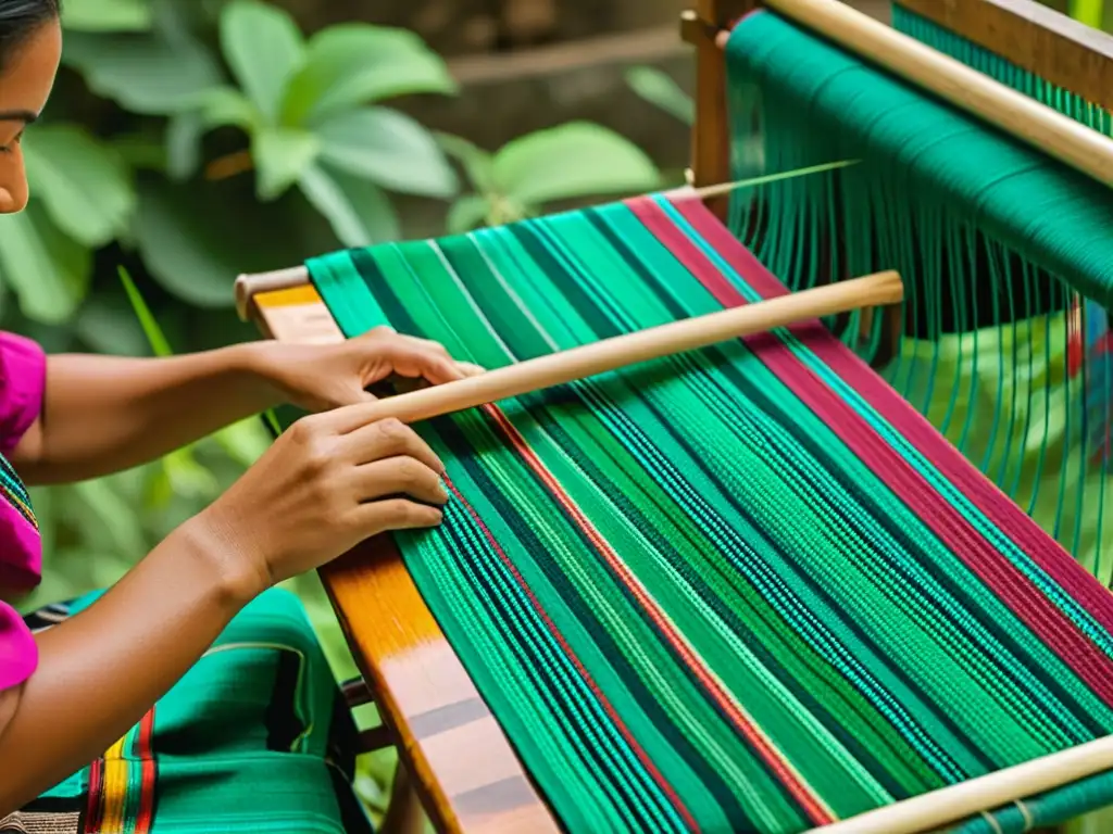 Un tejido maya tradicional en telar de cintura, con patrones vibrantes y colores vivos, evocando la autenticidad de la industria textil maya