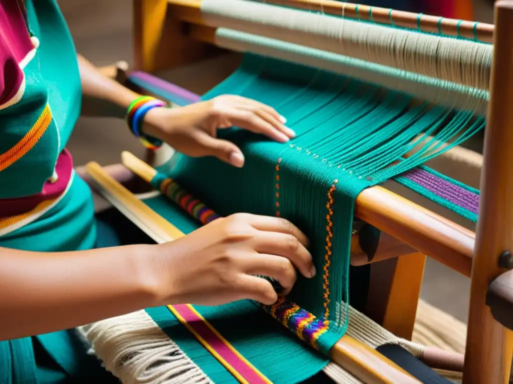 Un tejido maya tradicional se entrelaza en un telar de madera vintage, destacando su significación cultural y técnica