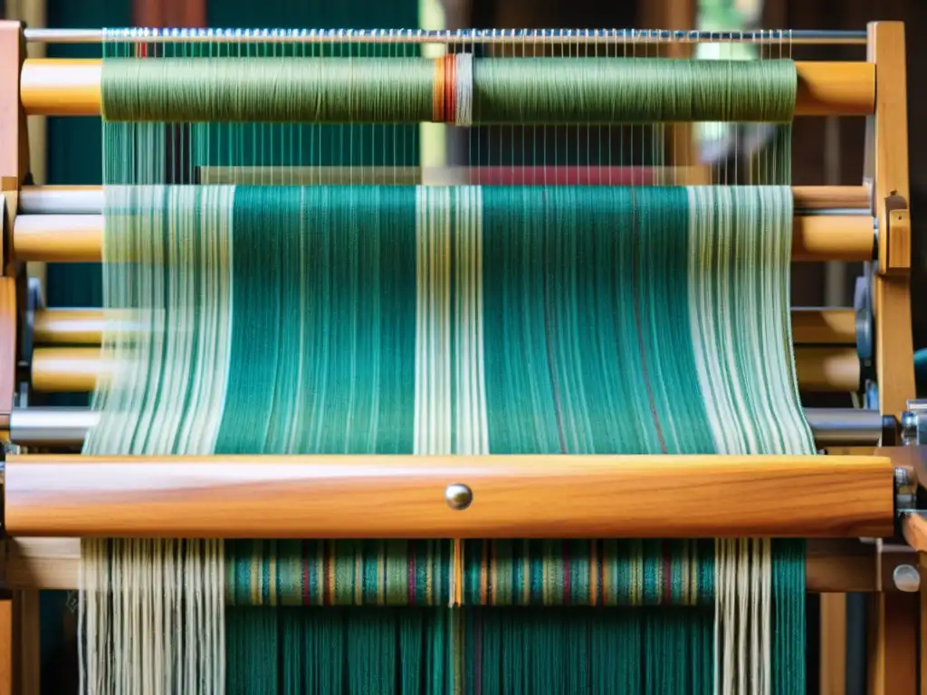 Un tejido tradicional de alta gama se teje con destreza en un telar de madera, evocando artesanía atemporal