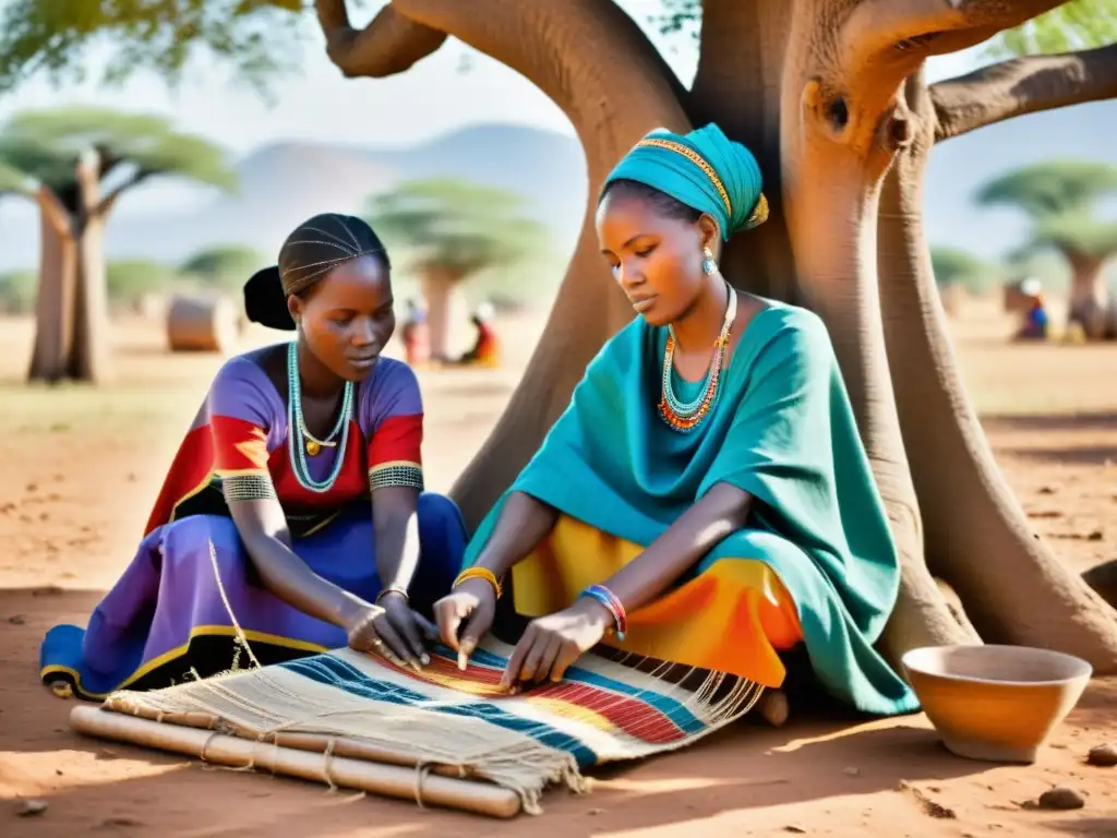 Tejido Fulani tradicional bajo baobab, evocando historia y artesanía africana con colores vibrantes y patrones intrincados