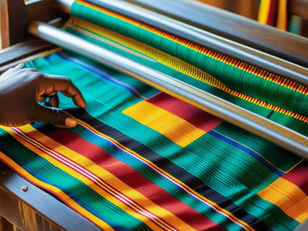 Tejido tradicional del Kente en Ghana con patrones vibrantes y colores