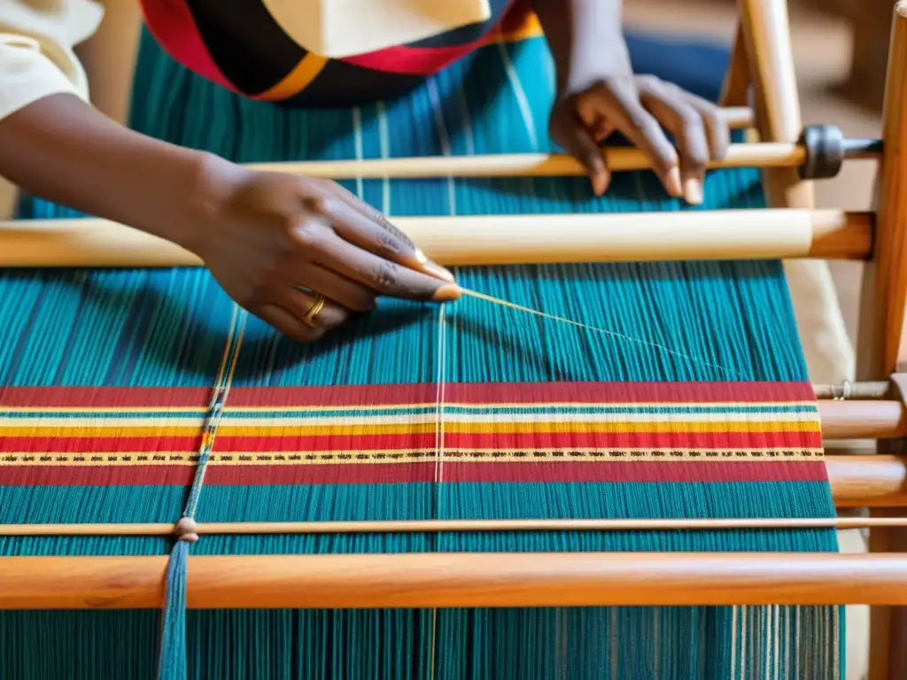 Un tejido Fulani tradicional se teje a mano en un telar de madera, mostrando la artesanía y la tradición nómada del arte textil Fulani