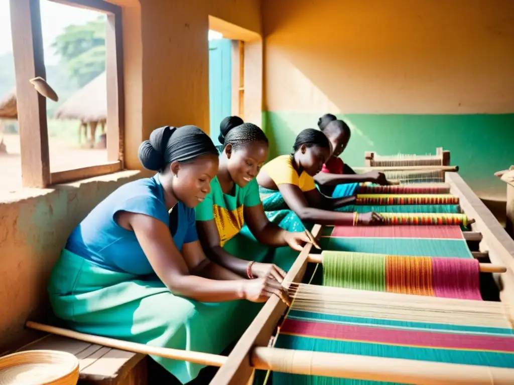 Tejido tradicional de Ewe en Ghana: mujeres tejiendo textiles vibrantes en telares de madera en una atmósfera culturalmente inmersiva y cálida