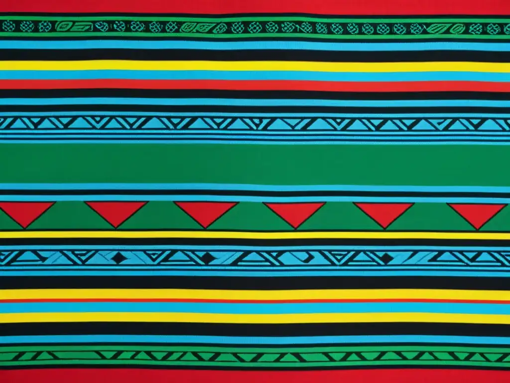 Un tejido tradicional de los Ndebele, con patrones geométricos vibrantes en rojo, amarillo, verde y azul