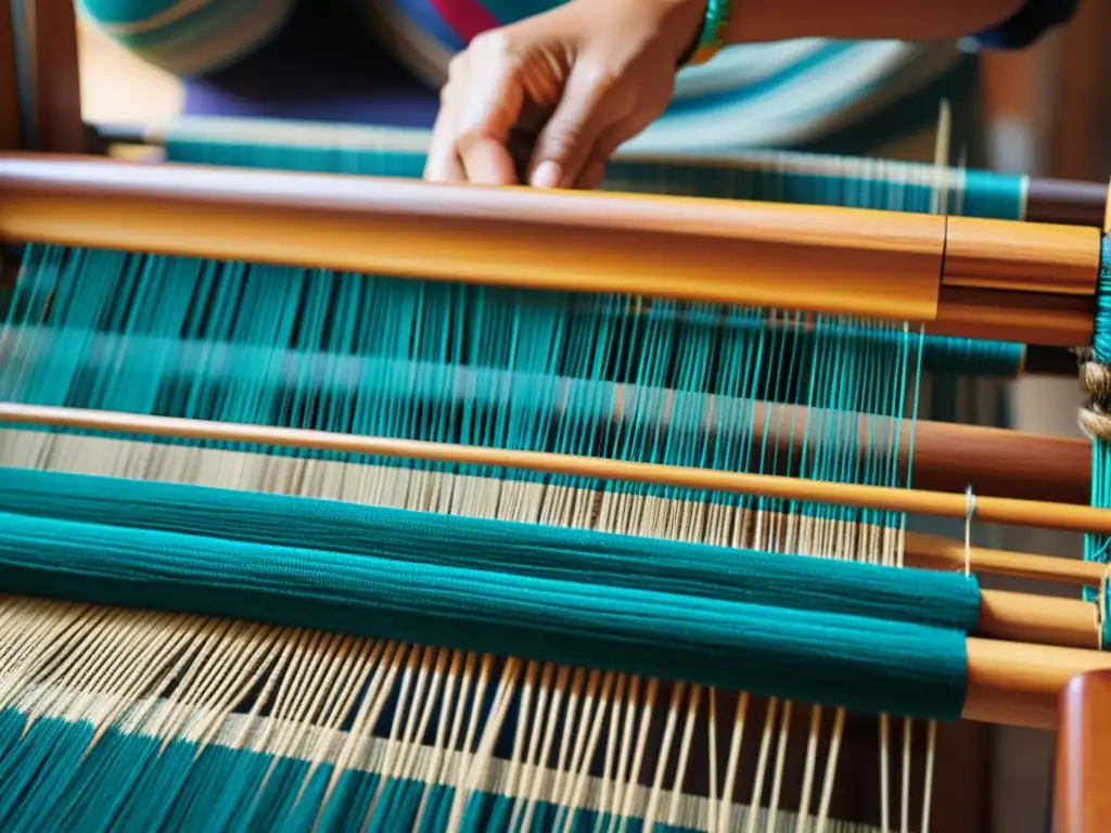 Un tejido tradicional se entrelaza en un telar de madera, destacando sus colores vibrantes y diseños geométricos