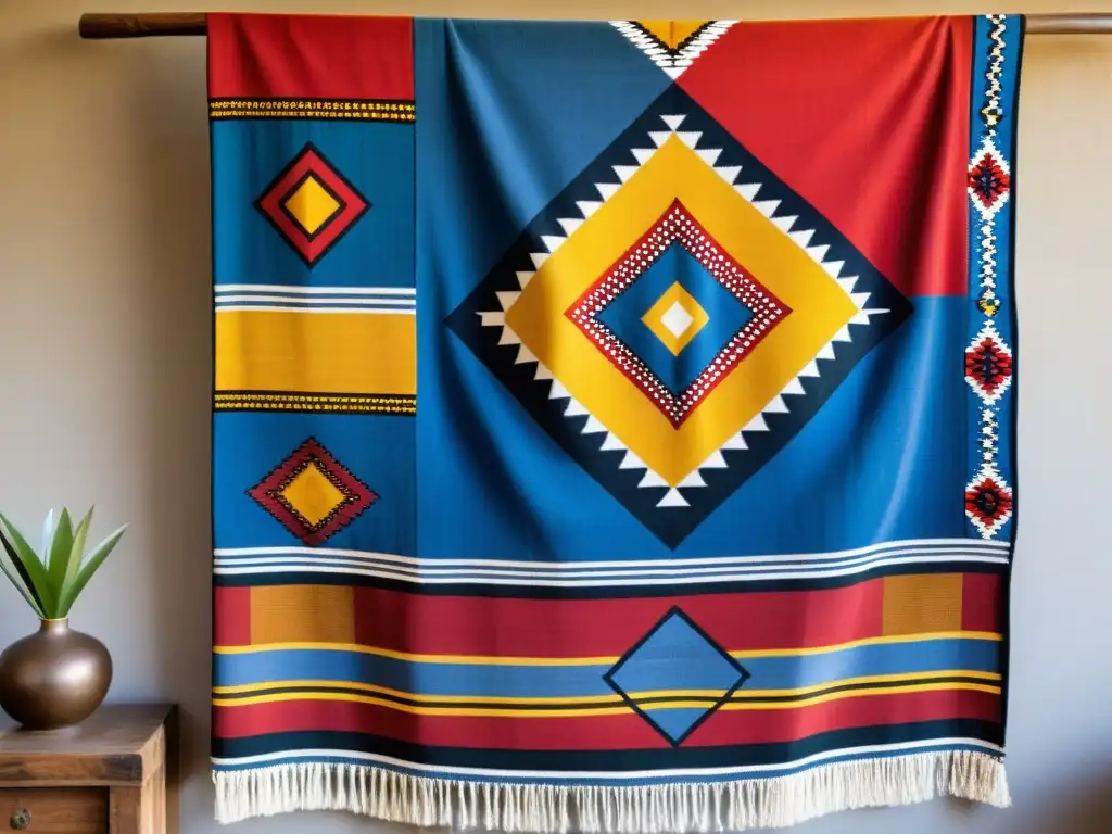 Un tejido tradicional de los Ndebele con vibrantes patrones geométricos en rojo, azul y amarillo