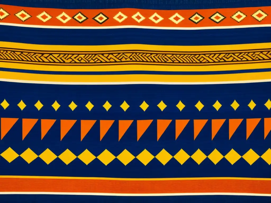 Un tejido tribal africano con patrones geométricos y colores vibrantes como el óxido, mostaza e índigo