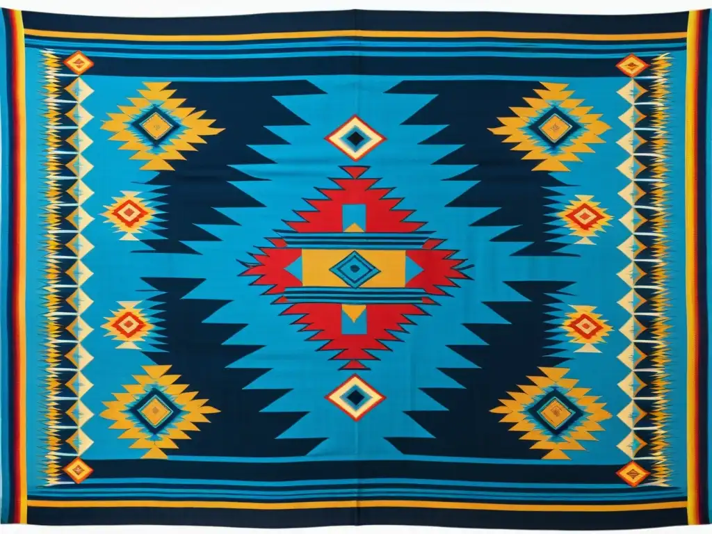 Tejido vintage Azteca con vibrantes patrones de geometría sagrada en azul, dorado y rojo, evocando riqueza cultural y espiritual