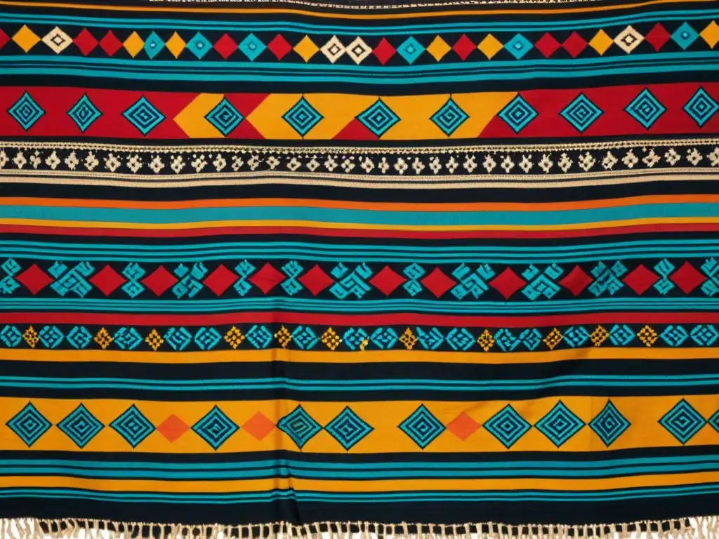 Tejido vintage con patrones y colores terrosos, tejido a mano por artesanos nómadas, reflejando la historia textil y la belleza de la vida nómada