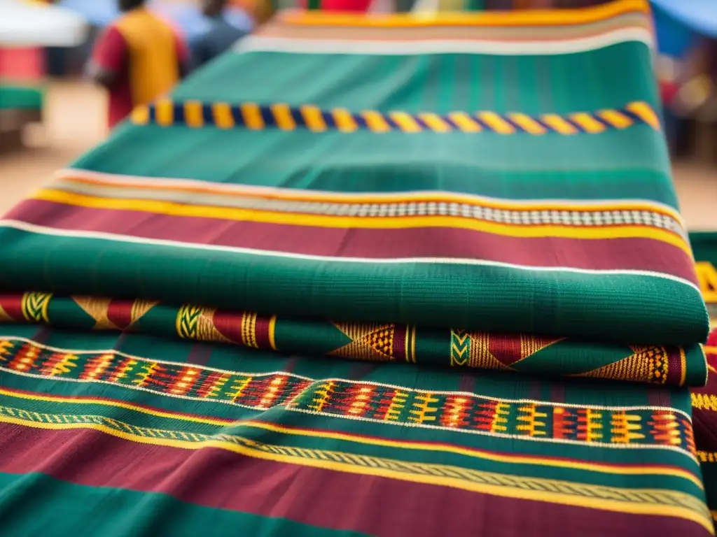 Tejidos africanos en decoración hogar: Kente brillante en mercado africano, colores vivos y patrones cautivadores, historia en cada hilo