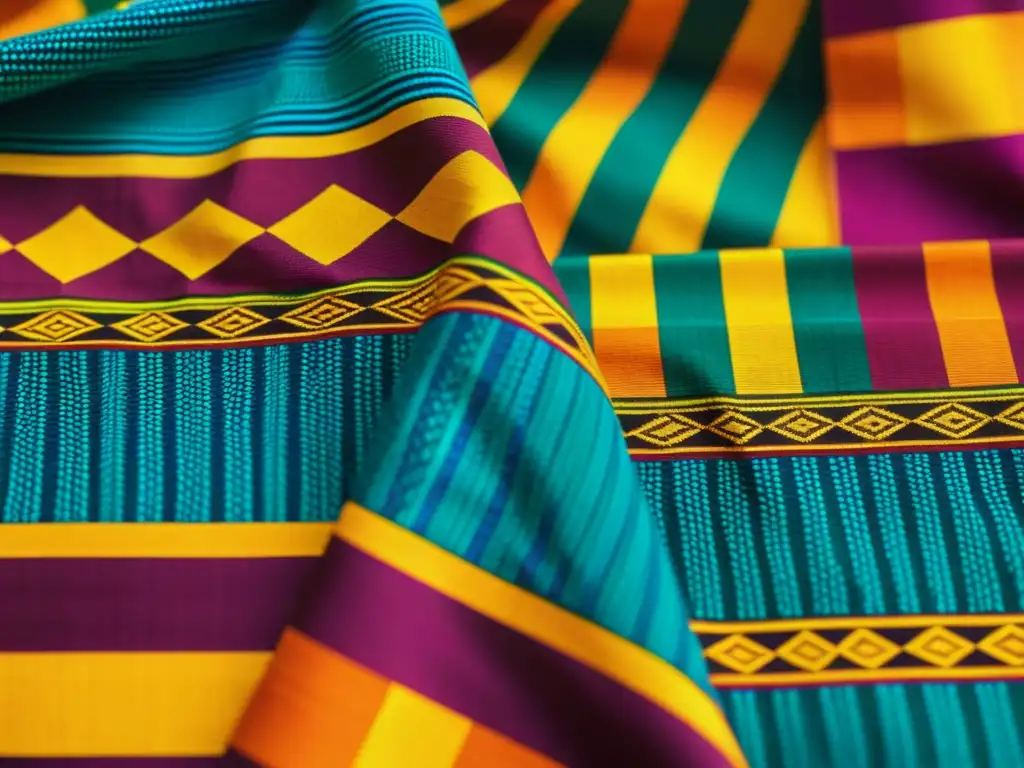 Tejidos africanos patrones culturales: Detalle de un vibrante tejido Kente, con colores intensos y patrones geométricos, iluminado por el sol