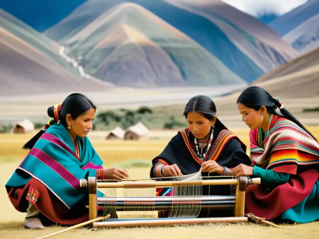 Tejidos aymaras como expresión cultural: Mujeres tejiendo en loom con los Andes de fondo, resaltando su herencia y tradición