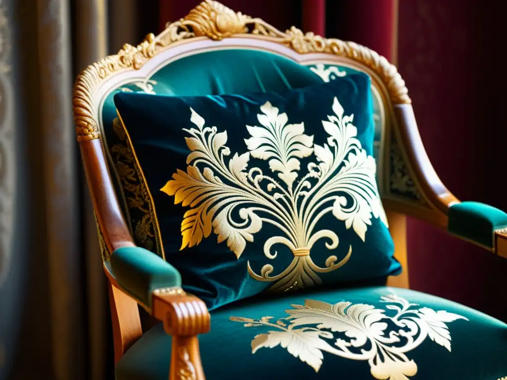 Tejidos de lujo para inversiones: Detalle de brocado en un elegante sillón vintage, resaltando la opulencia de los patrones y el brillo de los hilos