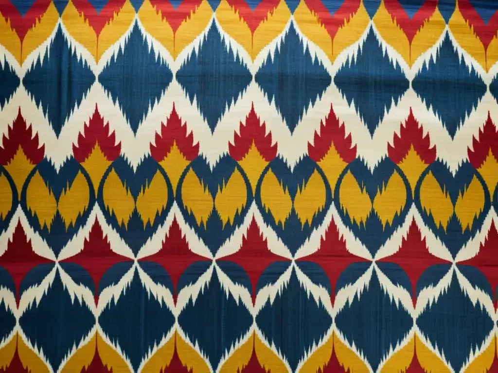 Tejidos milenarios Uzbekistán: Detalle de seda ikat con colores vibrantes y patrón tradicional, iluminado por el sol