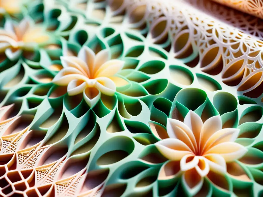 Tejidos con patrones impresos en 3D: Detalle de un textil vintage en colores vibrantes y pastel, con formas geométricas y elementos florales