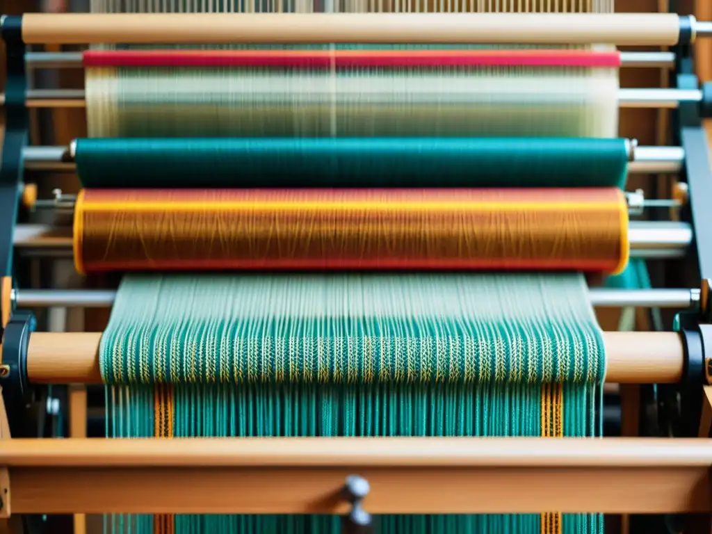 Tejidos con patrones impresos en 3D: Una imagen nostálgica de un telar vintage en acción, tejiendo vibrantes patrones en tela con detalles intrincados