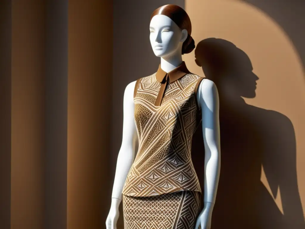 Tejidos con patrones impresos en 3D en tonos tierra, con diseño vintage y textura única, exhibidos en un maniquí