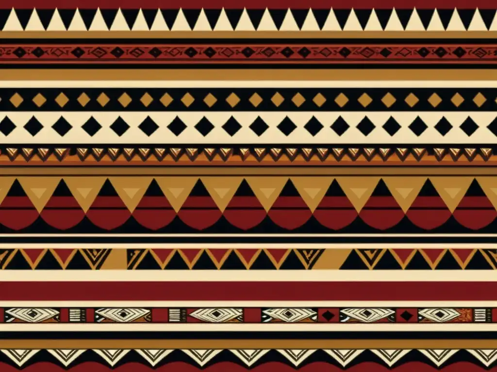 Una tela vintage con estampados tribales africanos en tonos tierra y motivos geométricos, que reflejan el significado de la artesanía tradicional