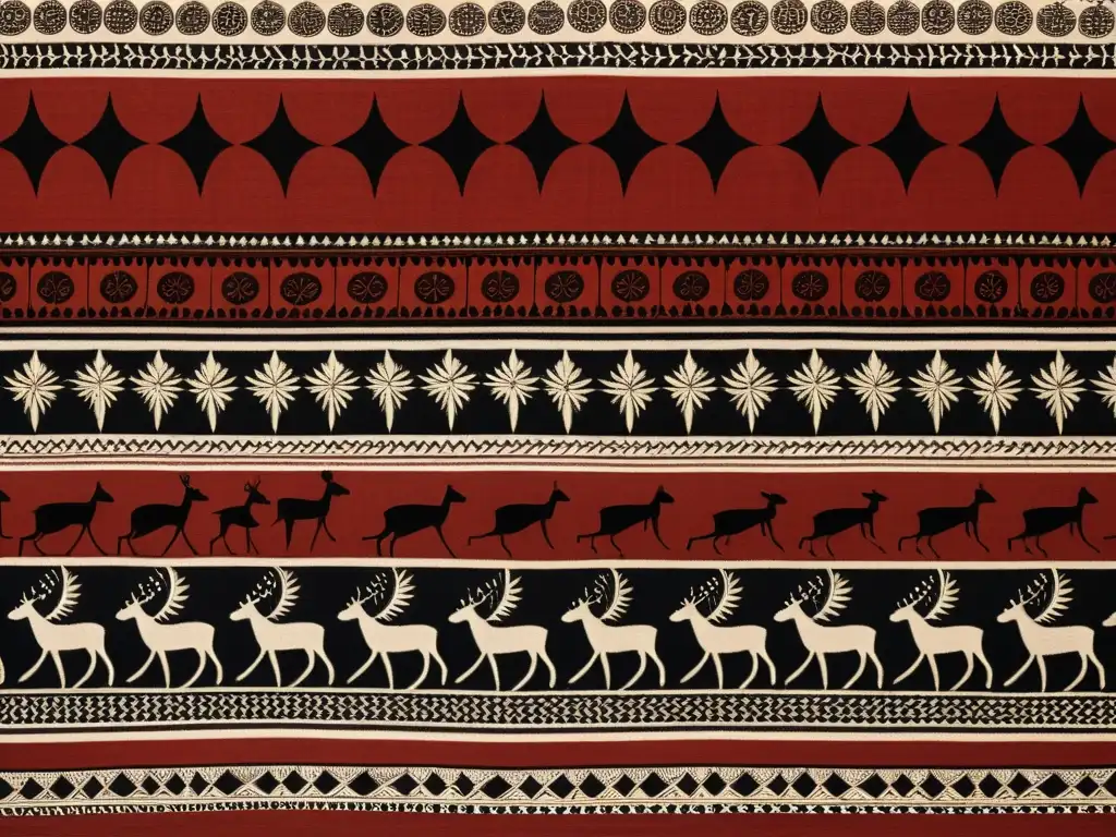 Patrón Warli en tela vintage con figuras bailando, animales y formas geométricas en tonos terrosos, para moda contemporánea