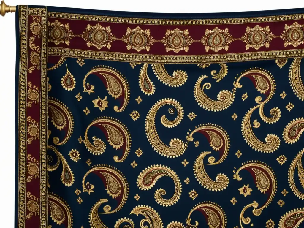 Una tela vintage con un patrón Paisley en tonos de burgundy, azul marino y dorado