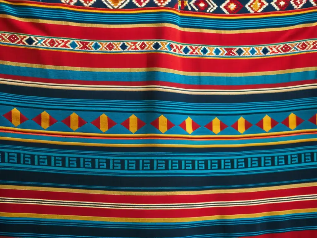 Una tela vintage tejida a mano exhibe patrones mayas en rojo, azul y dorado, realzando la rica herencia cultural y la artesanía exquisita