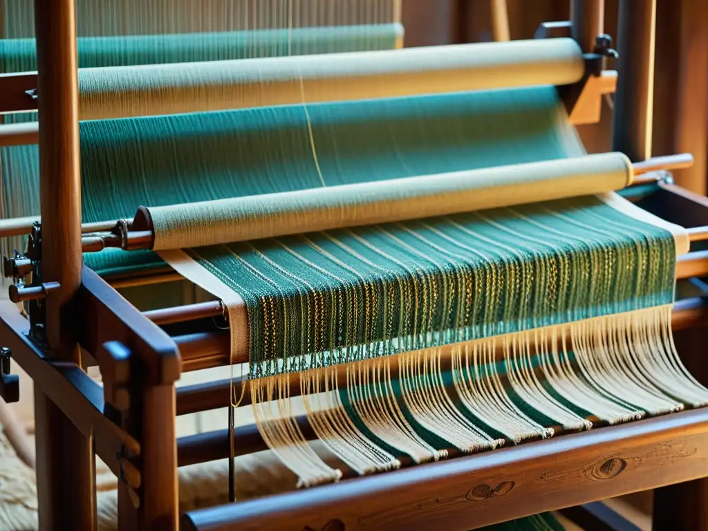 Telar ancestral: tejidos y símbolos tallados en madera Un telar antiguo con patrones contemporáneos y raíces ancestrales, entrelazando hilos con delicadeza bajo una cálida luz vintage