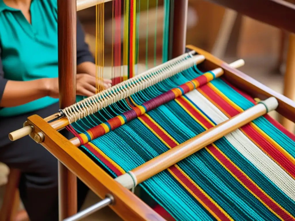 Un telar de cintura tradicional con tintes naturales, tejido a mano con patrones vibrantes